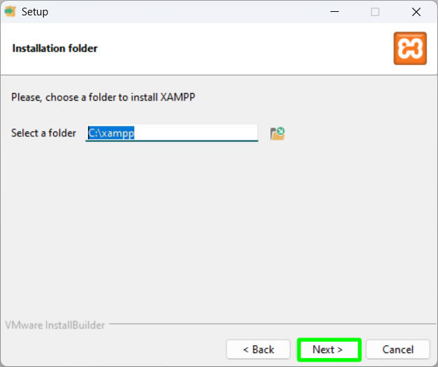 instalasi xampp pilih folder untuk menginstal xampp