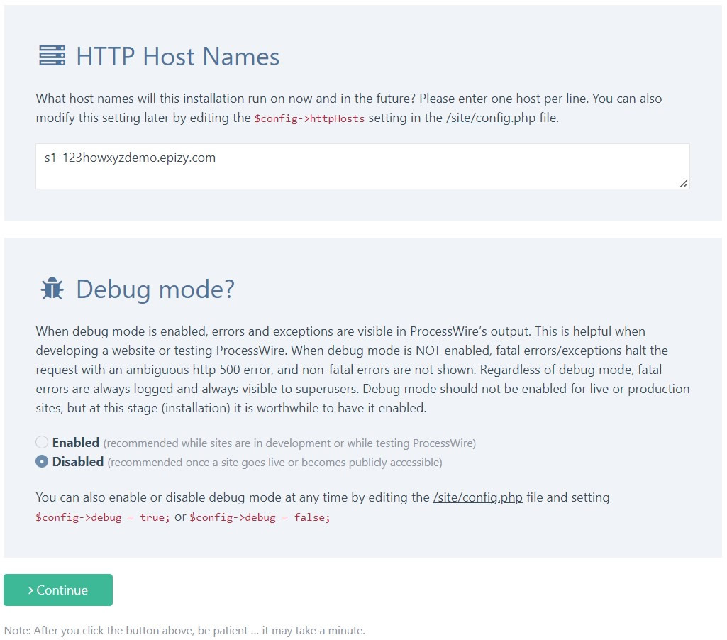 instalasi processwire nama host http dan mode debug