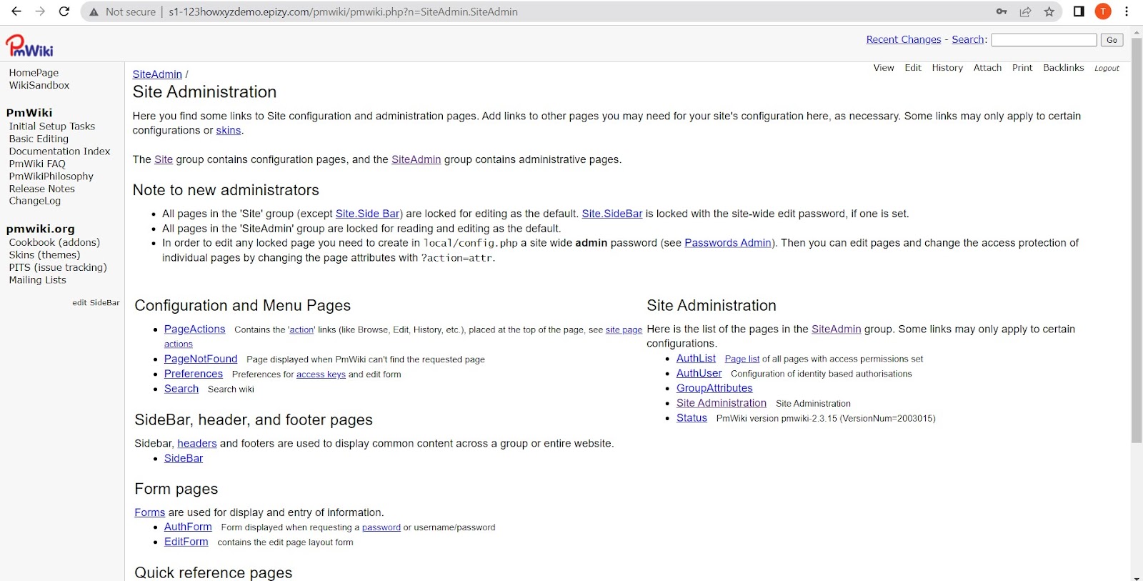 contoh halaman akun administrasi situs web pmwiki