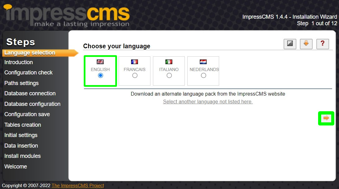 instalasi impressioncms memilih bahasa
