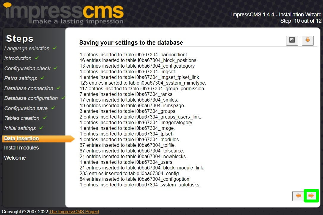 pengaturan penyimpanan instalasi impressioncms ke database dimulai