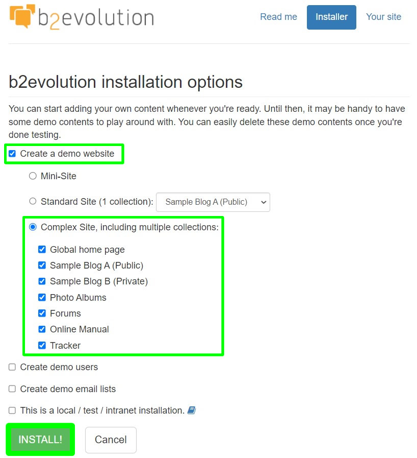 instalasi b2evolution membuat situs demo