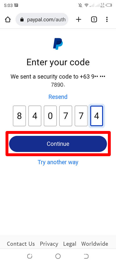 kode keamanan dikirim ke nomor terdaftar paypal