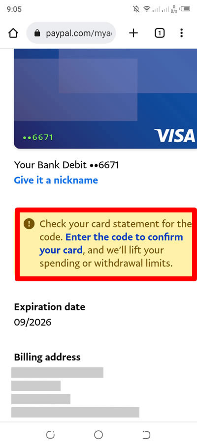 tekan masukkan kode untuk mengonfirmasi tautan kartu Anda di paypal