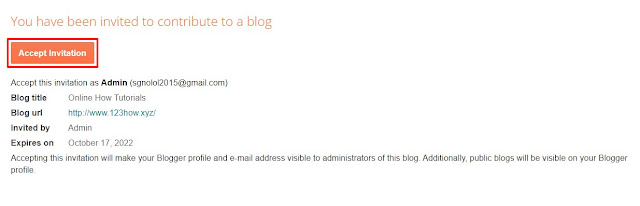 Mengonfirmasi tombol Terima undangan sebagai penulis Blogger