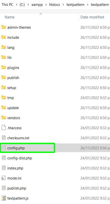 menyalin dan menempel file config.php di dalam folder root textpattern di htdocs