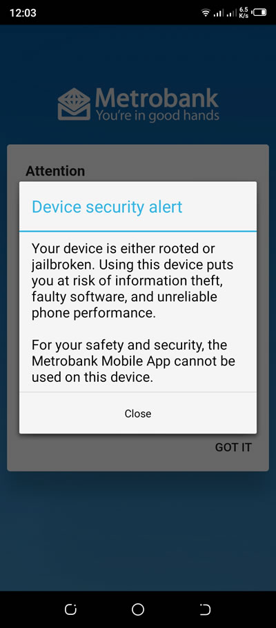 peringatan keamanan perangkat aplikasi seluler metrobank: perangkat Anda telah di-root atau di-jailbreak