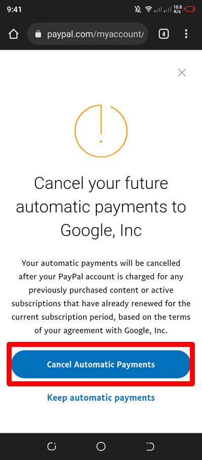 konfirmasi pembatalan pembayaran otomatis google di paypal