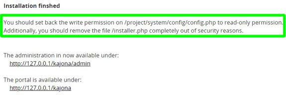 Izin file config.php installer.php harus dihapus link login admin dan link homepage kajona
