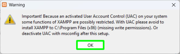 peringatan instalasi xampp tentang kontrol akun pengguna