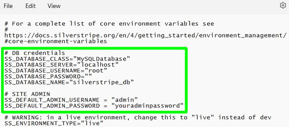 menambahkan kredensial database yang diperlukan dan detail admin situs untuk memperbaiki kesalahan konfigurasi db selama instalasi silverstripe