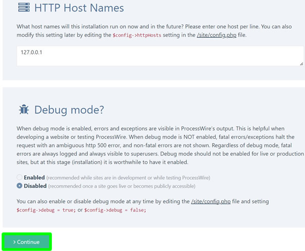 instalasi processwire nama host http dan mode debug
