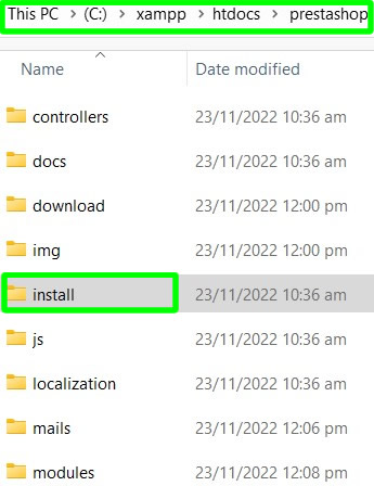 berhasil menghapus folder instal di dalam direktori root prestashop di htdocs