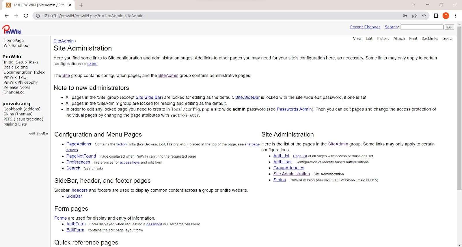 contoh halaman administrasi situs web pmwiki