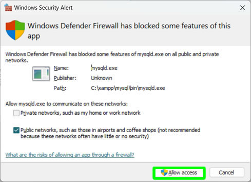 izinkan akses untuk peringatan keamanan windows mengenai xampp mysqld.exe
