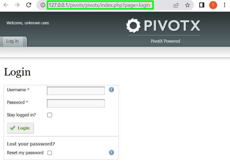 contoh halaman login pengguna situs web pivotx