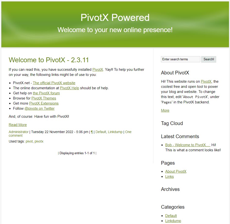contoh beranda situs web pivotx