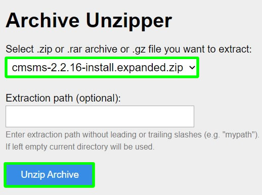 mengekstrak file zip cms menggunakan unzipper.php